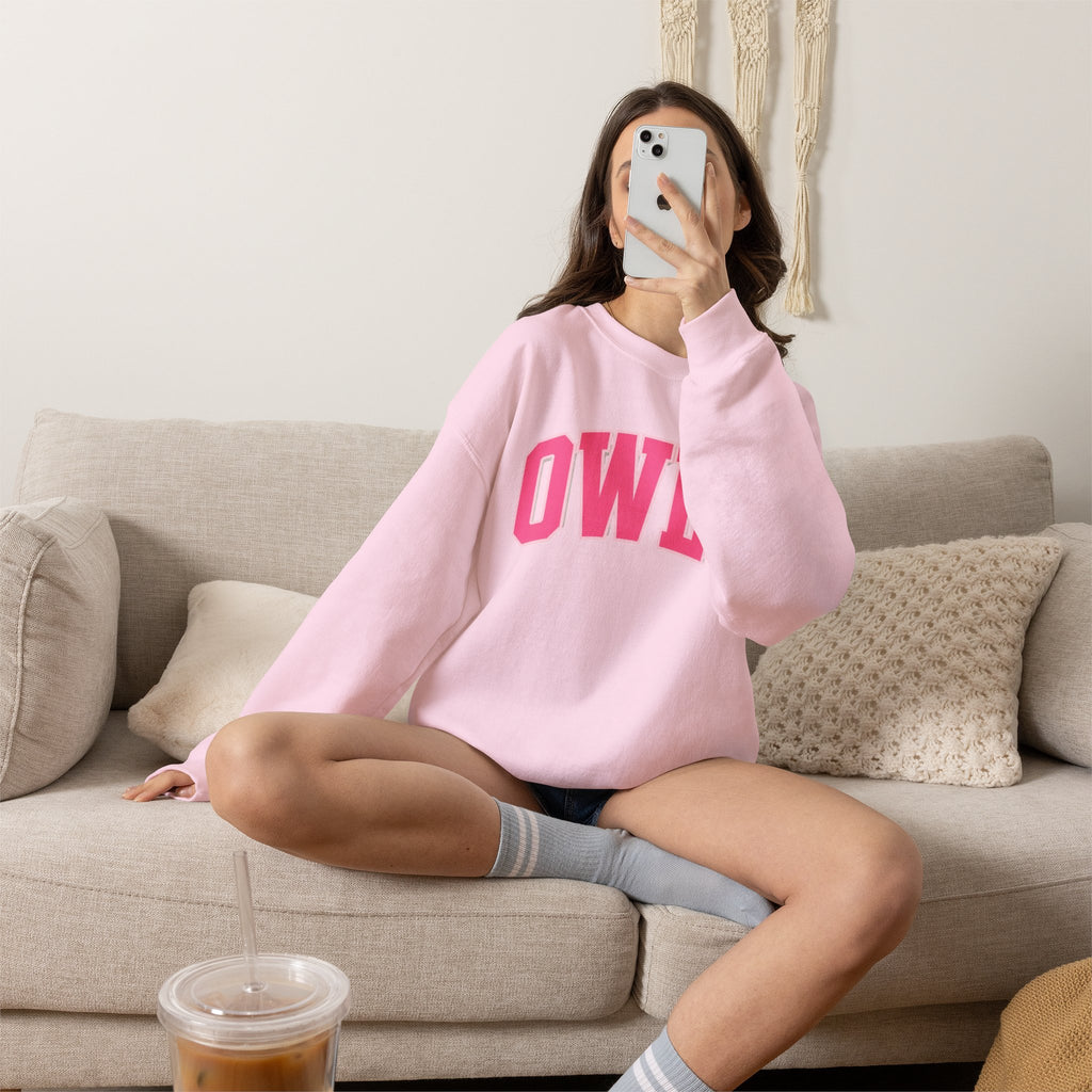 OWLS sweatshirt | Collegiate block letters, pink text